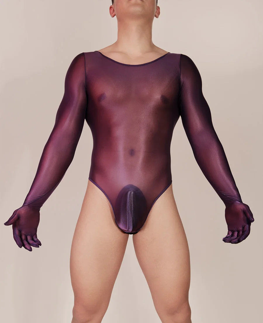 Hot Sexy Oil Shiny Bodysuit for Men Body Stockings Sheer See Through Five Fingers Glove Leotard Male Erotic Lingerie Sex Clothes luvshop24