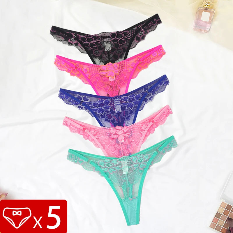 5pcs Lace Ladies G-string Perspective Floral Panties Low Waist Sexy Female Thongs Comfortable Breathable Intimate Lingerie Set luvshop24