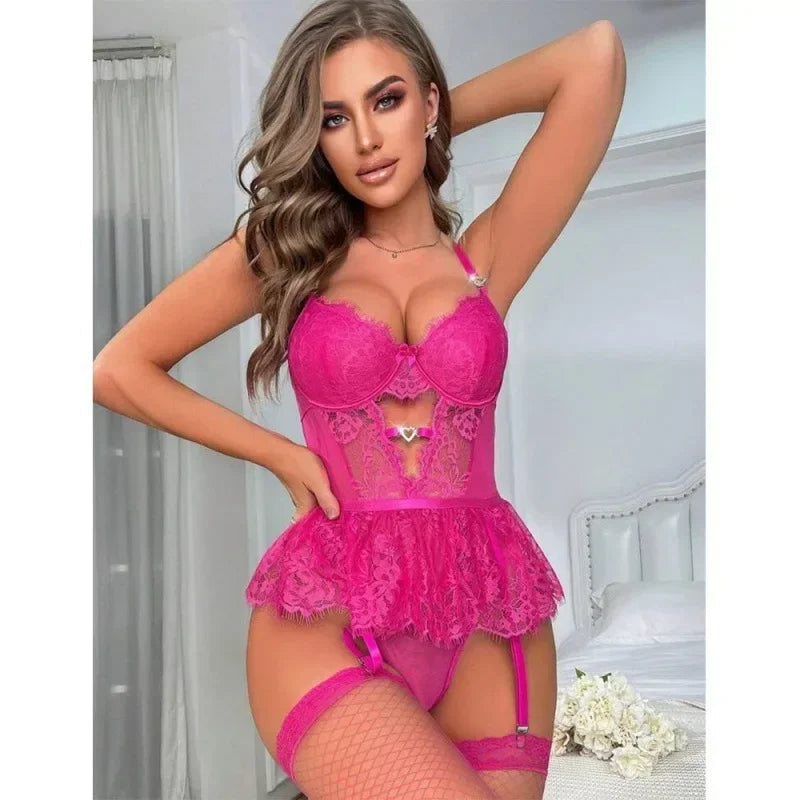 Sexy Woman Lingerie Lace Transparent Babydoll Teddy Dress Garter Vest Halter Underwire Bra Thong Set Porno Clothing luvshop24