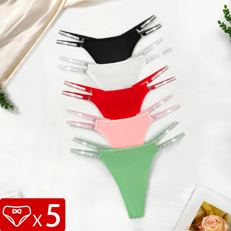 5pcs/Set Women G-string Low Waist Sexy Panties Female Thongs Comfortable Breathable Solid Two Shiny Belts Intimate Lingerie Set luvshop24