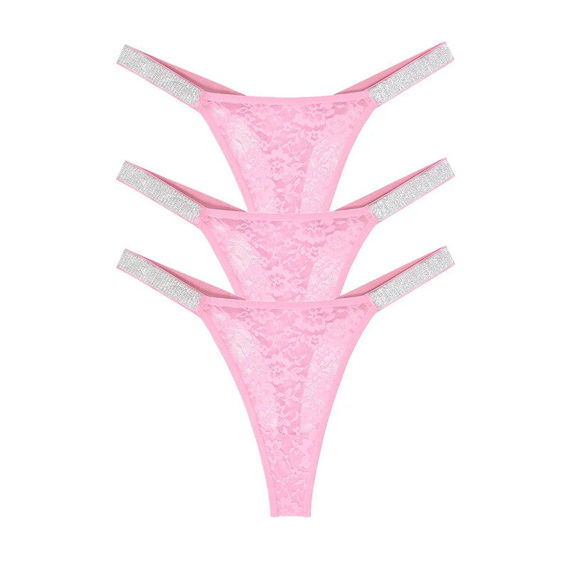 3pcs Sexy Thongs Lace Women Underwear Perspective Floral Panties Low Rise Two Shiny Belts G-string Comfortable Intimate Lingerie luvshop24