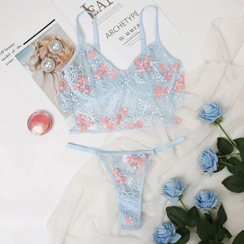 Lace Floral Embroidery See Through Bra and Panties Set for Women Underwear Sexy Lingerie Female 2 Pieces Bra Brief Sets luvshop24