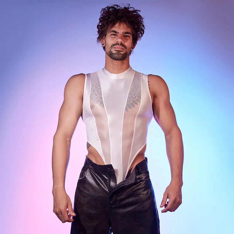 Hot Sexy Men's Bodysuits Mesh Patchwork Shiny Transparen Short Sleeve Male Rompers High Cut Leotard Gay Open Crotch Jumpsuits luvshop24