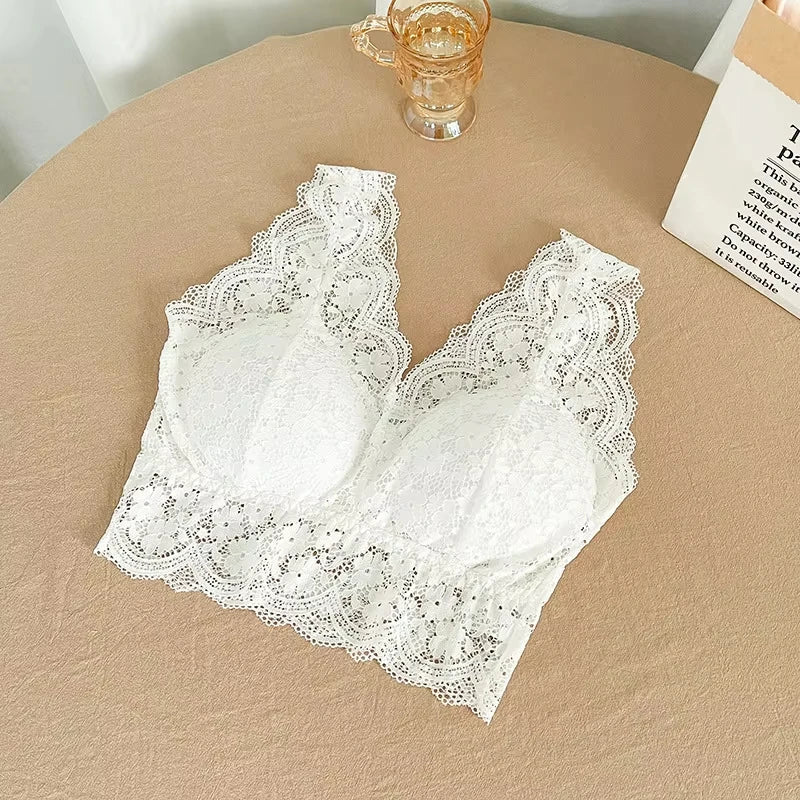 Lace Bras Top Women Deep V Neck Sexy Lingerie Wire Free Bra Tank Tops Female Underwear V Back Bralette Padded Camisole luvshop24