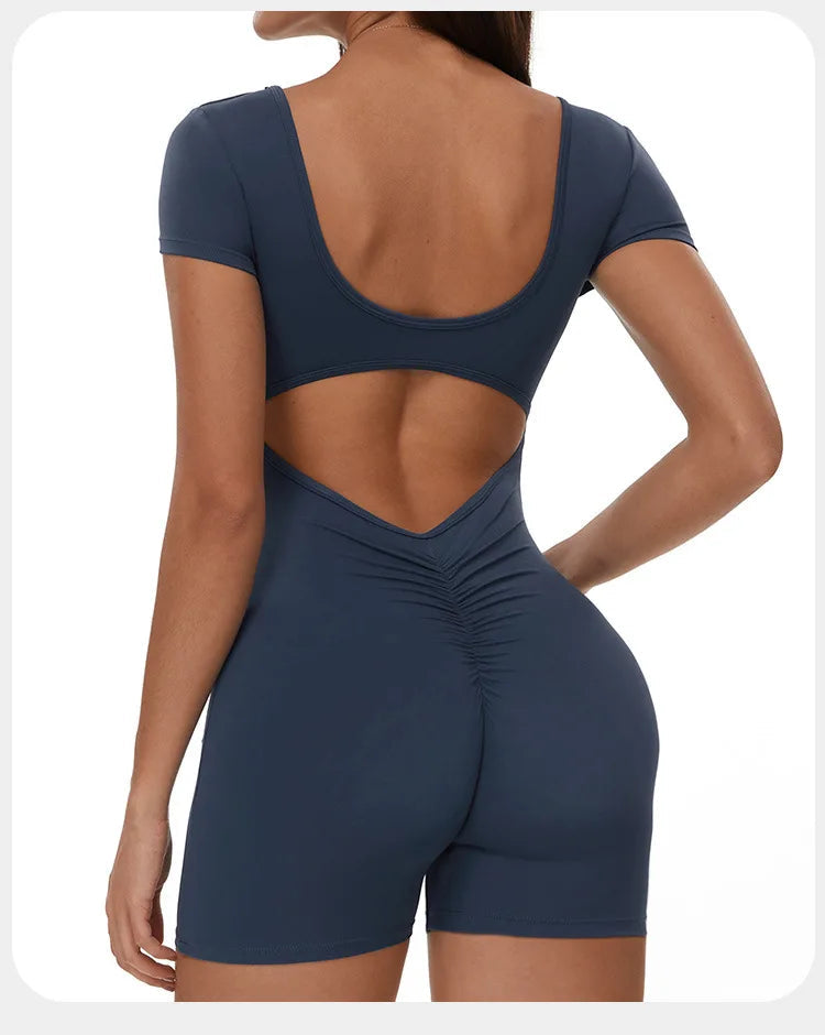 Womens Sports Bodysuit Short Sleeve Jumpsuits Stretch One Piece Set Romper Sexy Scrunch Butt Fitness Jumpsuit Female Sportwears luvshop24