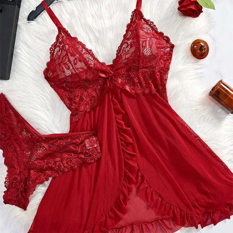 2 Pcs Set Sexy Lingerie Set Women Deep V Slip Dress Thong Erotic Bra Panty Sets Lace Nightdress Transparent Soft Nightgown luvshop24