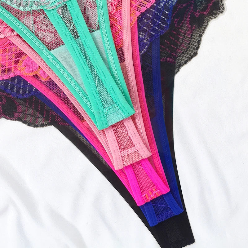 5pcs Lace Ladies G-string Perspective Floral Panties Low Waist Sexy Female Thongs Comfortable Breathable Intimate Lingerie Set luvshop24