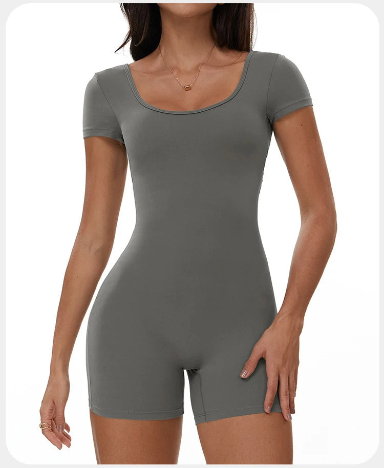 Womens Sports Bodysuit Short Sleeve Jumpsuits Stretch One Piece Set Romper Sexy Scrunch Butt Fitness Jumpsuit Female Sportwears luvshop24