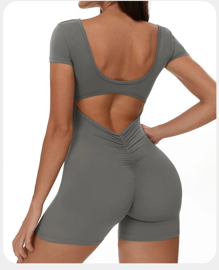 Womens Sports Bodysuit Short Sleeve Jumpsuits Stretch One Piece Set Romper Sexy Scrunch Butt Fitness Jumpsuit Female Sportwears luvshop24