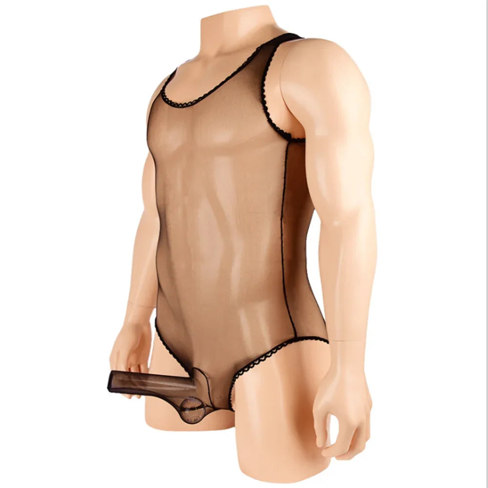 Men's Sexy Sheer Stocking Bodysuit Sissy Leotard Penis Sheath Cover Bodystocking Gay Erotic Underwear Lingerie for Adult Toys luvshop24