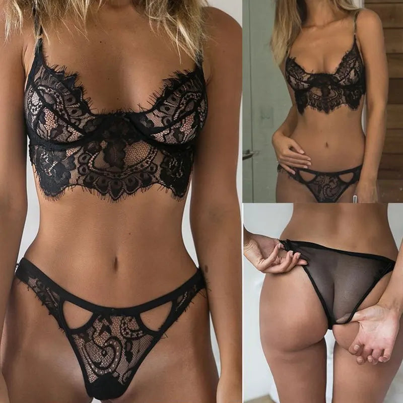 Lace Sexy Underwear Set Hollow Eyelashes Lingerie See-through Sheer Bra and Panty White Black Backless Bodysuit Women 2pcs luvshop24