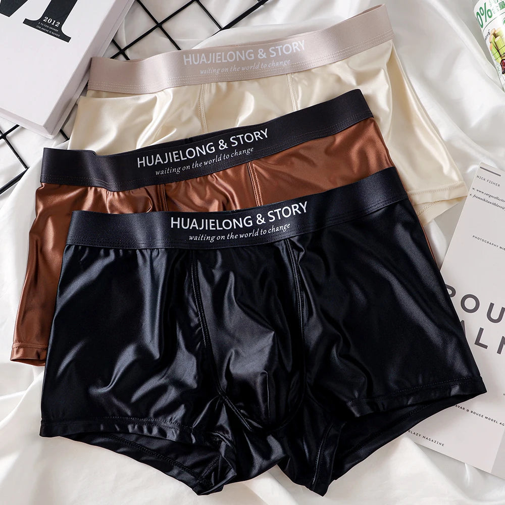 1/3Pcs Breathable Thin Satin Silk Boxer Briefs Seamless Mid Waist Ice Silk Boxers Underpants Smooth Underwear for Men Daily luvshop24