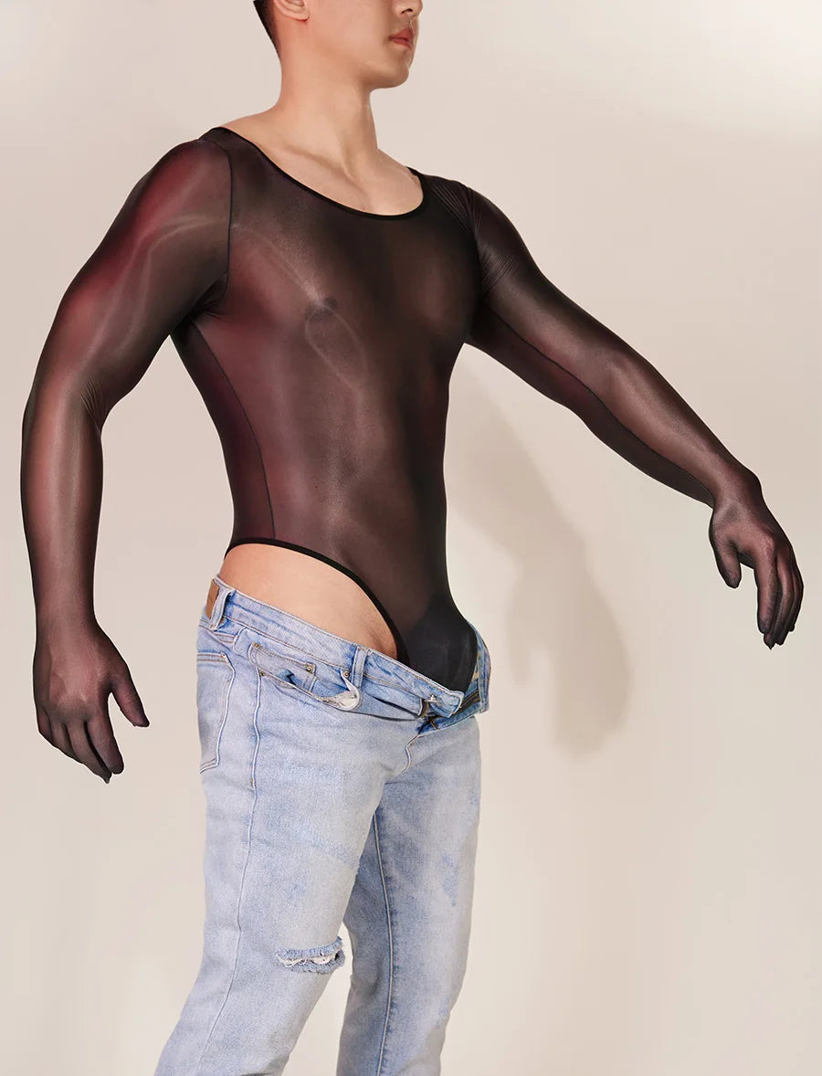 Hot Sexy Oil Shiny Bodysuit for Men Body Stockings Sheer See Through Five Fingers Glove Leotard Male Erotic Lingerie Sex Clothes luvshop24