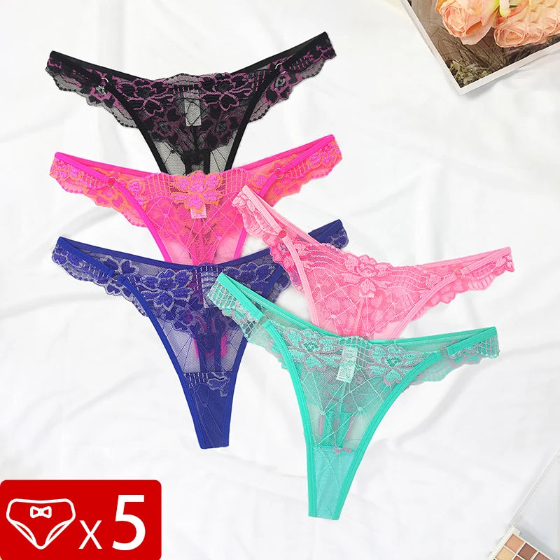 5pcs Lace Ladies G-string Perspective Floral Panties Low Waist Sexy Female Thongs Comfortable Breathable Intimate Lingerie Set luvshop24