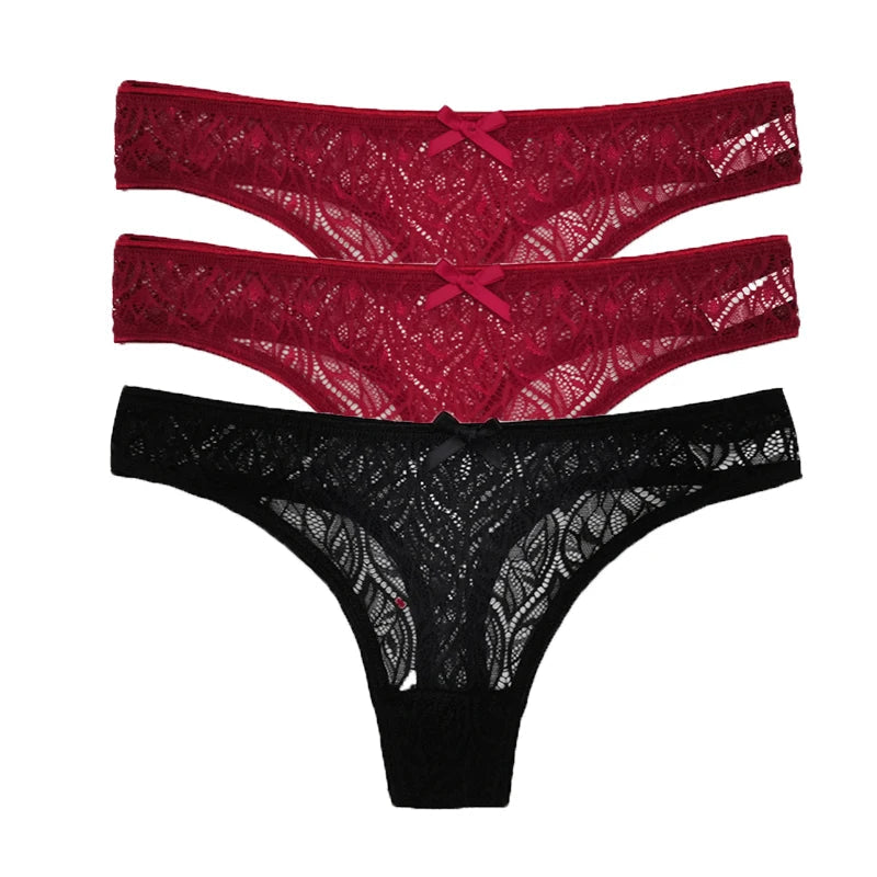 3PCS Low Waist Sexy Lace Panties Hollow Out G-Strings Female Solid Color Thongs Underwear Women Sexy Underpants Intimates luvshop24