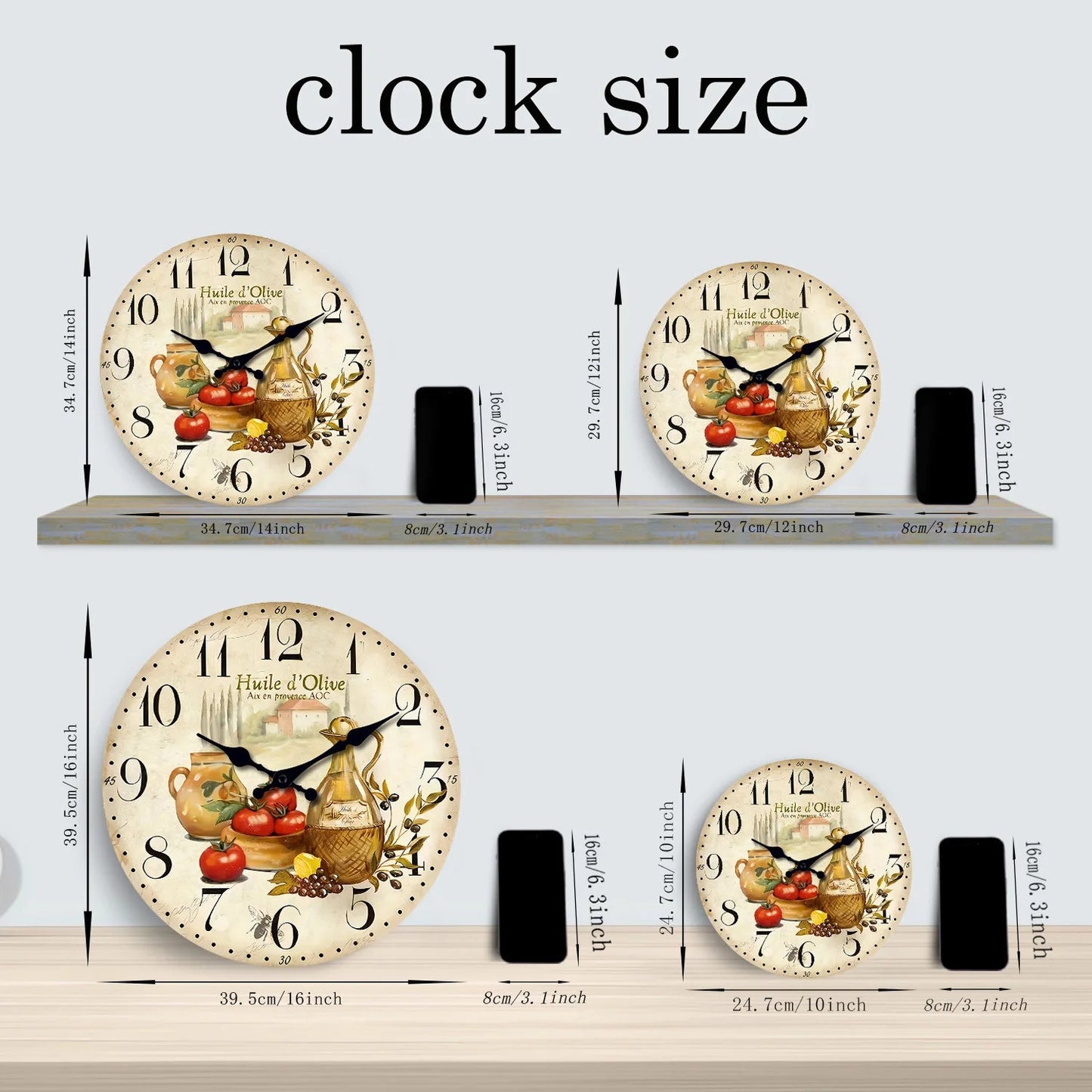Retro Provence Olive Oil and Tomato Pattern Wooden Wall Clock Living Room Bedroom Kitchen Home Decoration Wall Clock Silent Quartz Clock Holiday Gift 10 Inches 12 Inches 14 Inches 16inch (Without Batteries) luvshop24