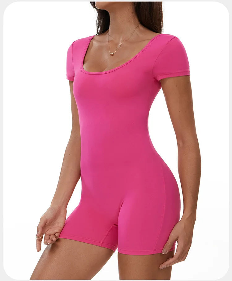 Womens Sports Bodysuit Short Sleeve Jumpsuits Stretch One Piece Set Romper Sexy Scrunch Butt Fitness Jumpsuit Female Sportwears luvshop24