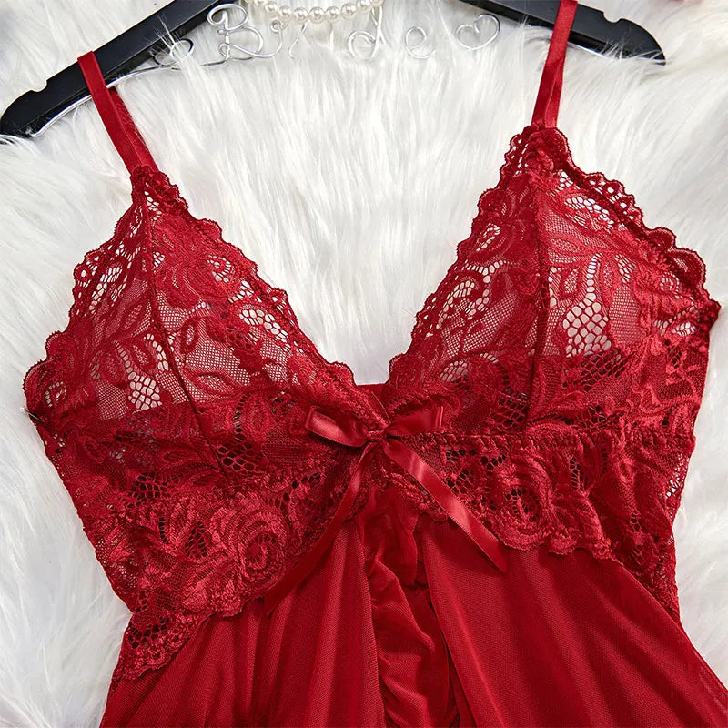 2 Pcs Set Sexy Lingerie Set Women Deep V Slip Dress Thong Erotic Bra Panty Sets Lace Nightdress Transparent Soft Nightgown luvshop24