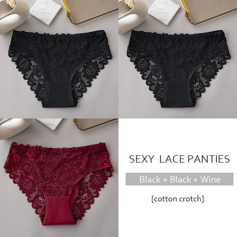 3PCS/Set Luxury Floral Embroidery Lace Panties Women Briefs Sexy Hollow Lingerie Female Underwear Ladies Breathable Underpants luvshop24