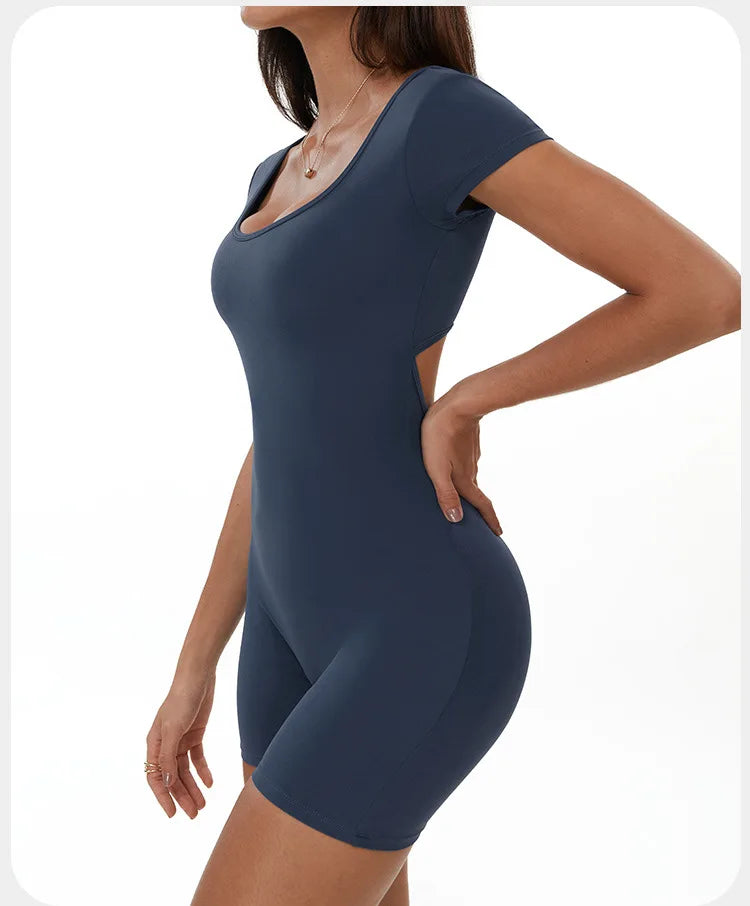 Womens Sports Bodysuit Short Sleeve Jumpsuits Stretch One Piece Set Romper Sexy Scrunch Butt Fitness Jumpsuit Female Sportwears luvshop24