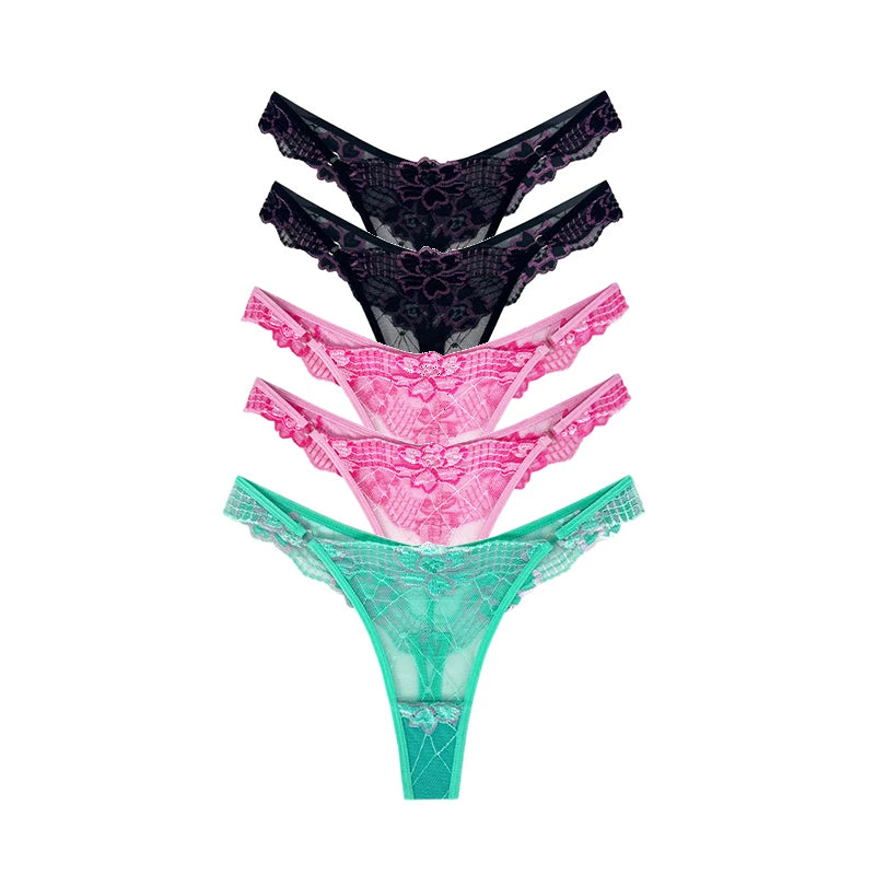5pcs Lace Ladies G-string Perspective Floral Panties Low Waist Sexy Female Thongs Comfortable Breathable Intimate Lingerie Set luvshop24