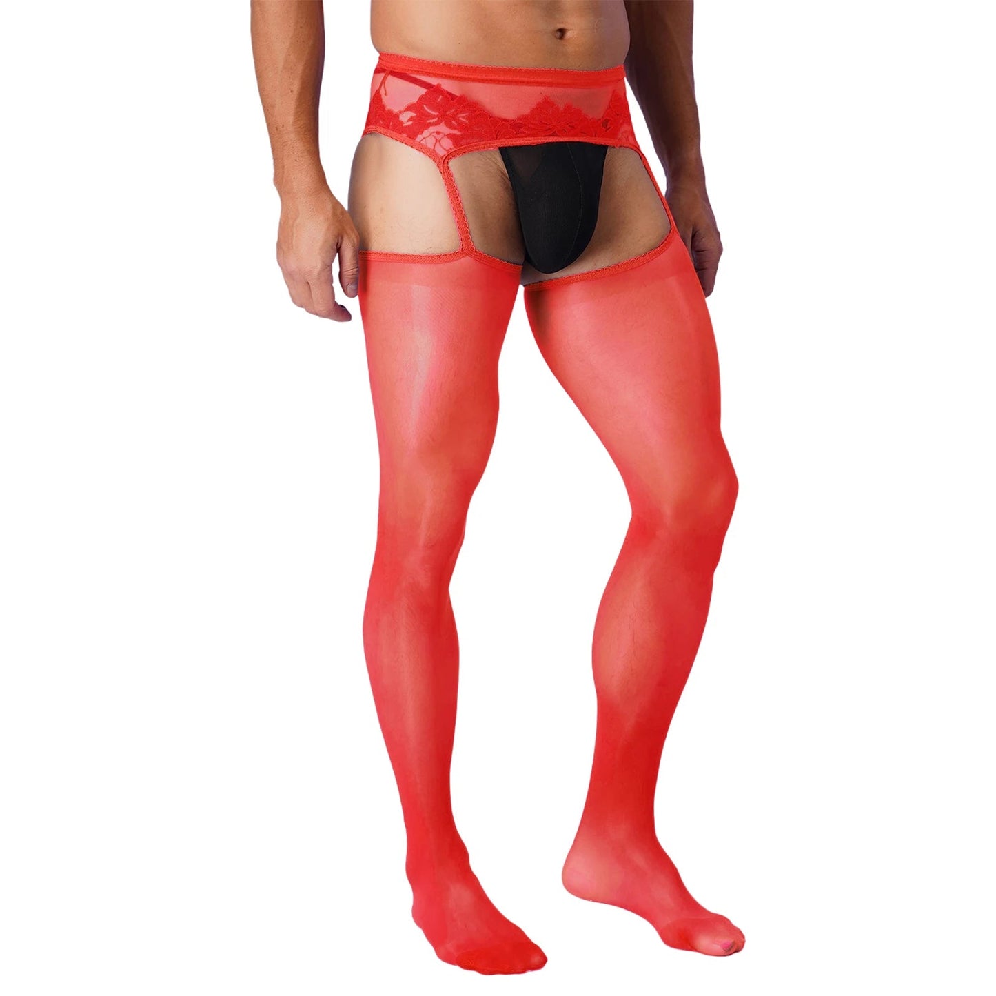 Mens Sexy Cutout Crotchless Pantyhose Floral Lace Exotic Socks Leggings One-Piece Garter Stockings Gay Male Sissy Underwear luvshop24