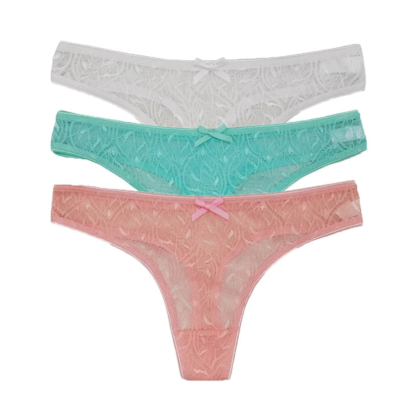 3PCS Low Waist Sexy Lace Panties Hollow Out G-Strings Female Solid Color Thongs Underwear Women Sexy Underpants Intimates luvshop24