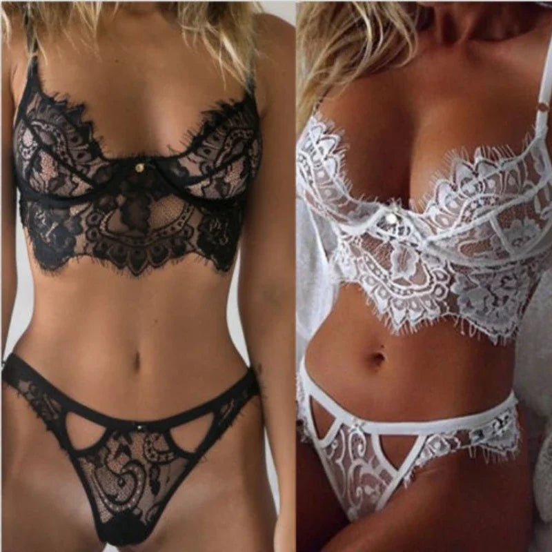 Lace Erotic Lingerie Set Women Underwear Hot Sexy Lingerie Set Halter Sleepwear Eyelashes Lace Porno Temptation Sexy Costume luvshop24