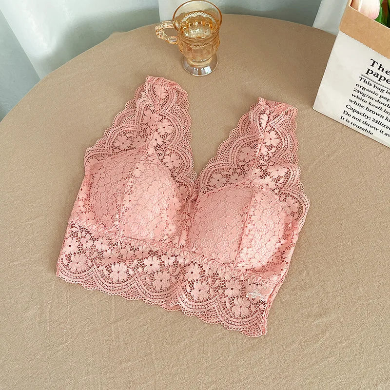 Lace Bras Top Women Deep V Neck Sexy Lingerie Wire Free Bra Tank Tops Female Underwear V Back Bralette Padded Camisole luvshop24