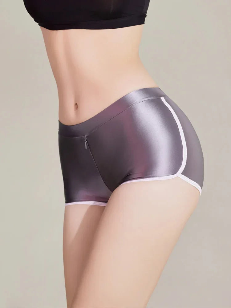 Women's Comfortable Beachwear Fitness Shorts Zipper Open Crotch Elasitc Yoga Panties Oil Shiny Smooth Tight Sexy Boxers luvshop24