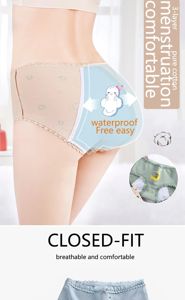 1pc Girls Period Underwear Mid-Rise Cartoon Cotton 3-Layer Leak-proof Incontinence Panties Absorbent Teen Menstrual Briefs S-XL luvshop24