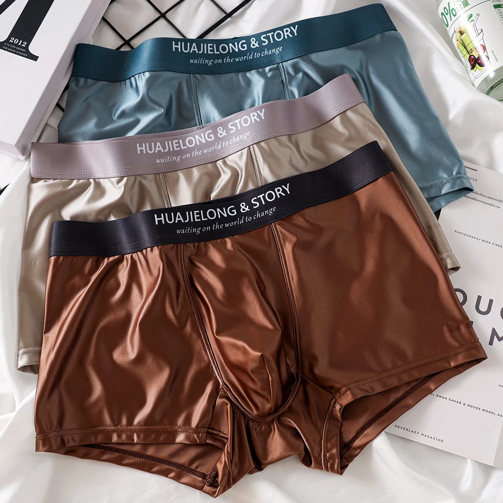 1/3Pcs Breathable Thin Satin Silk Boxer Briefs Seamless Mid Waist Ice Silk Boxers Underpants Smooth Underwear for Men Daily luvshop24