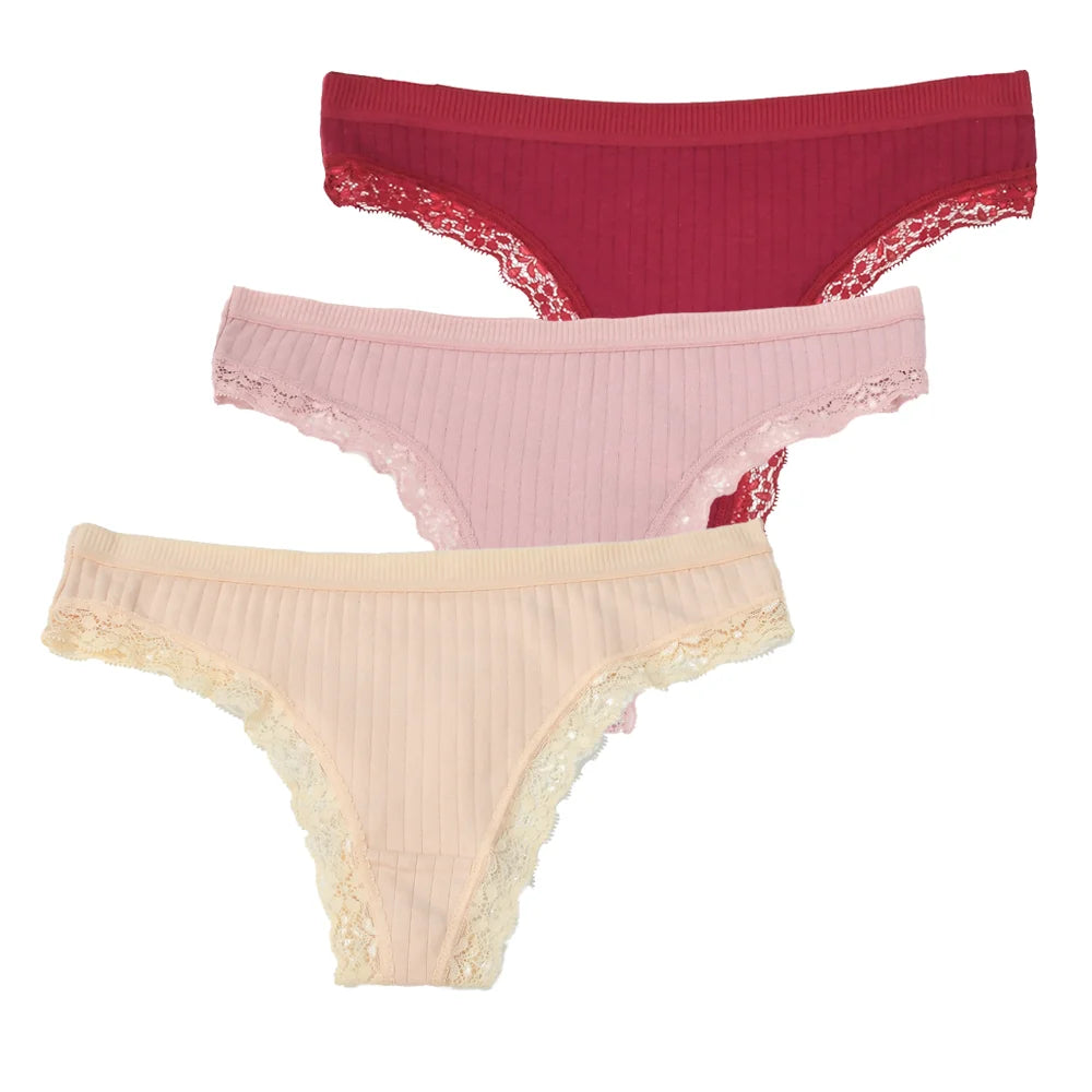 3pcs Cotton Women's Thong Panties Breathable Low Waist Seamless Underwear Sexy Female Lady Comfortable Solid Color Lace G-String luvshop24