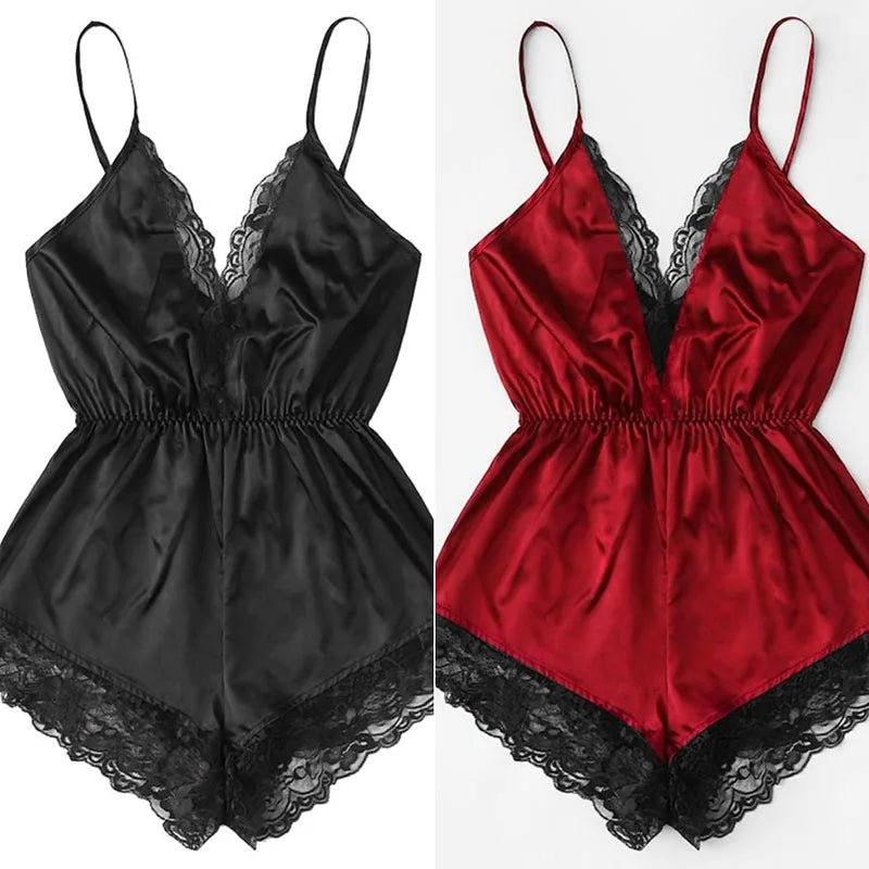 Sexy Lace Halter Oil Shiny Cloth Black Jumpsuit Fashionable and Comfortable Lace Lace Pyjamas Erotic Lingerie luvshop24
