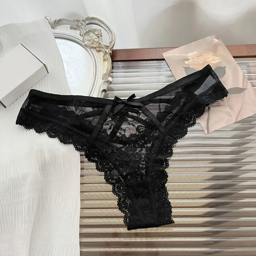  Lace Bow Sexy Thong Transparent Women's Lingerie Low Waist Flower Embroidery Mesh Perspective Hollowed Panties Briefs luvshop24