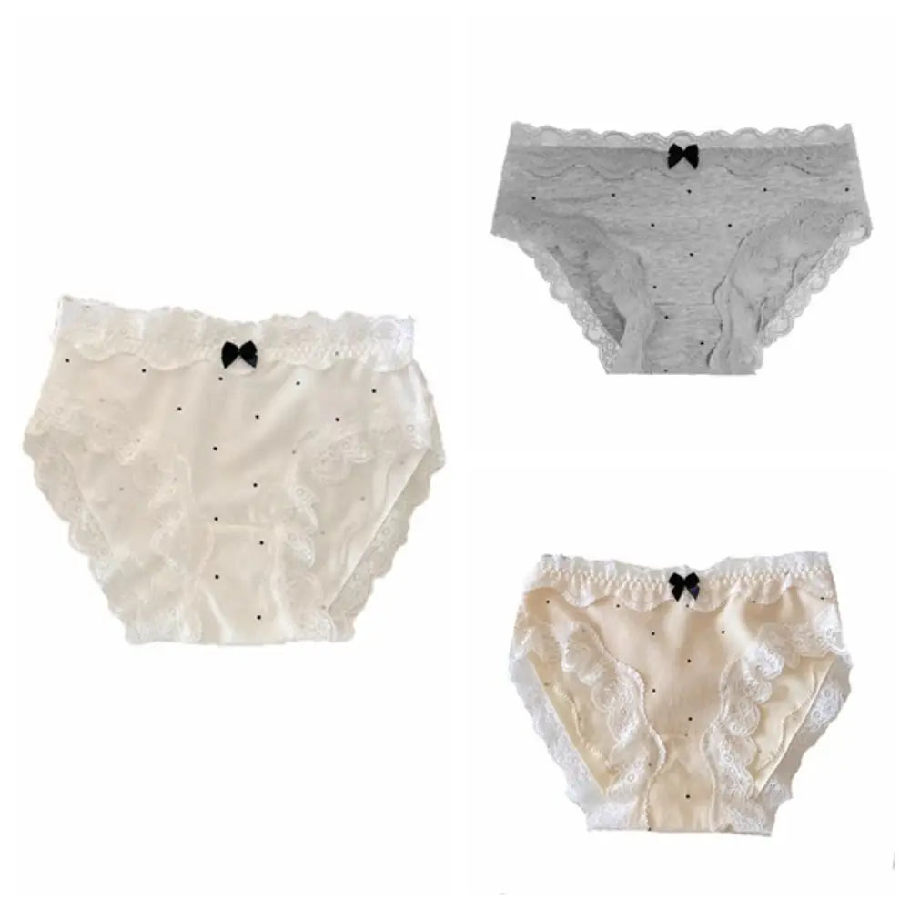 3Pcs Lingerie Dot Lace Bowknot Panties Sweet Mid Waist Seamless Briefs Cotton Crotch Underpants Underwear for Women Lady luvshop24