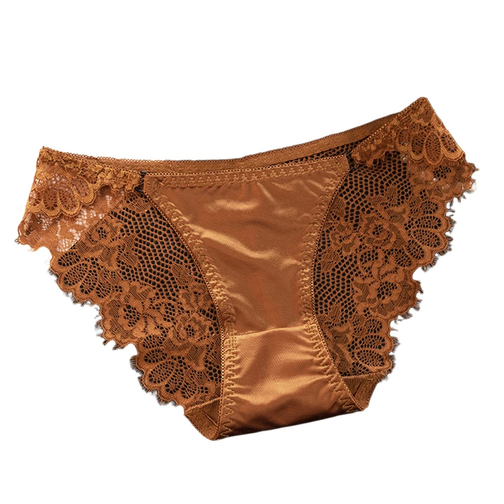 1pc Women's Sexy Lace Panties Satin Seamless Underwear Lace Mesh Sheer Low Waist Triangle Underwear Ladies Thin Breathable Brief luvshop24
