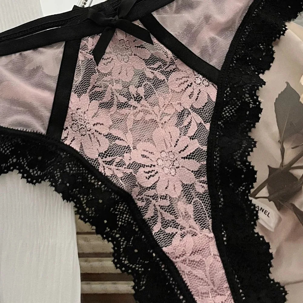  Lace Bow Sexy Thong Transparent Women's Lingerie Low Waist Flower Embroidery Mesh Perspective Hollowed Panties Briefs luvshop24