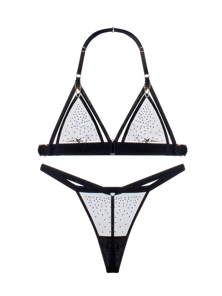 Lace Neck Lingerie Women's Feeling Without Steel Ring Bra Set Female Deep v Thin Section Underwear Knot Wave Mesh Bras luvshop24