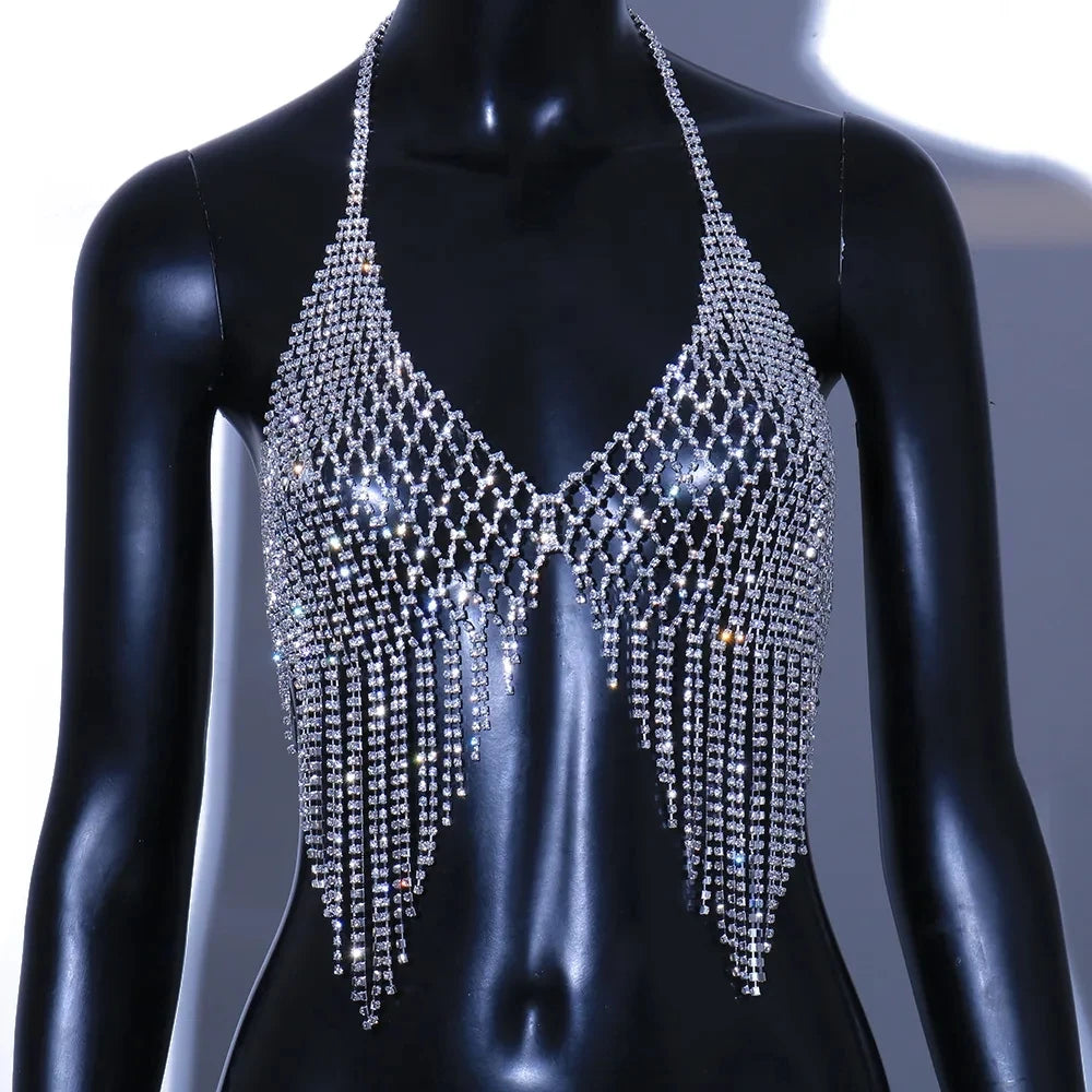 XSBODY Mesh Tassels Chest Chain Jewellery Necklace Sexy Lingerie Women Body Luxury Crystal Festival Outfit Bikinis Bras 2023 luvshop24