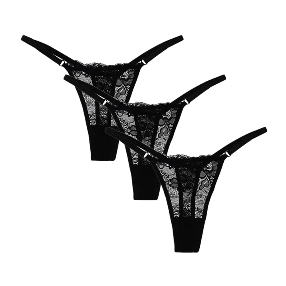 3PCS Adjustable Sexy Transparent Thong Panties Women Lace Underwear Low Waist Female T-back String Underpants luvshop24