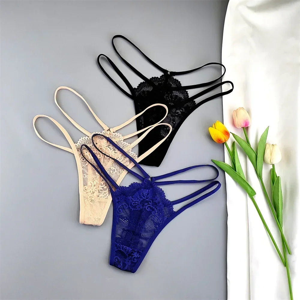 3 Pcs Lace Thin Strap Thong Women Low Waist Sexy Perspective Underwear Ladies Transparent G-string Panty Plus Size T-back luvshop24