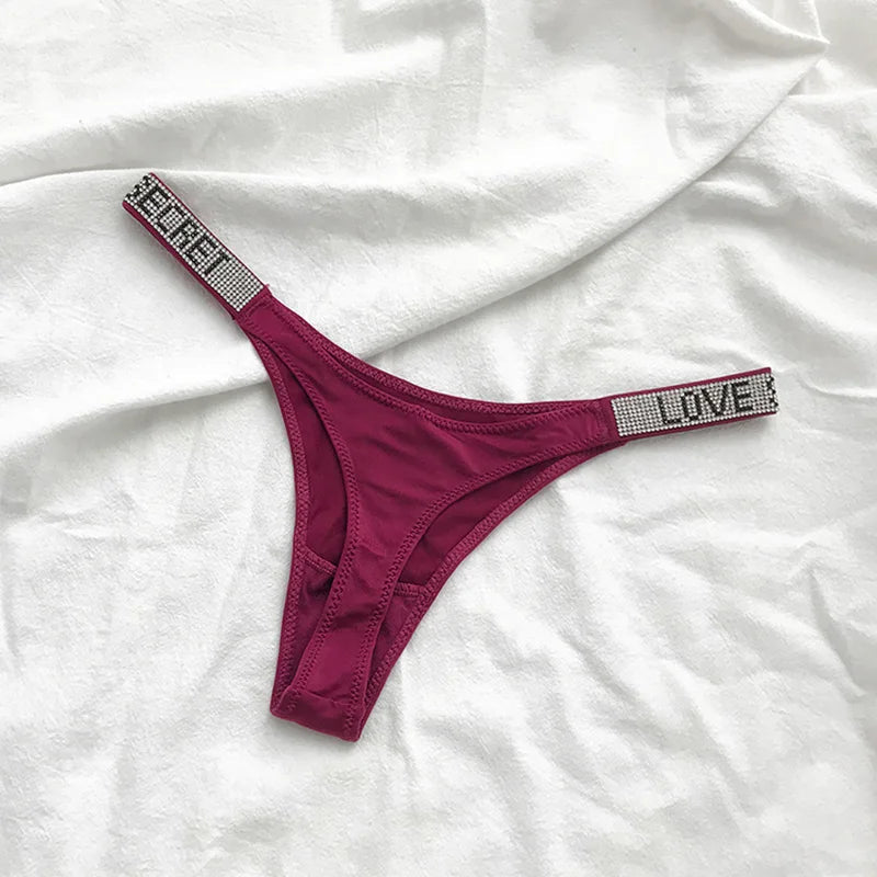 5Pcs Low Waist Sexy Panties Women Thongs Rhinestones Letter Diamonds G-string Sports Thong Shorts Briefs T-back Size S-XL luvshop24