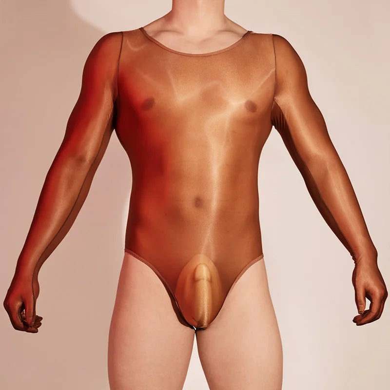 Hot Sexy Oil Shiny Bodysuit for Men Body Stockings Sheer See Through Five Fingers Glove Leotard Male Erotic Lingerie Sex Clothes luvshop24