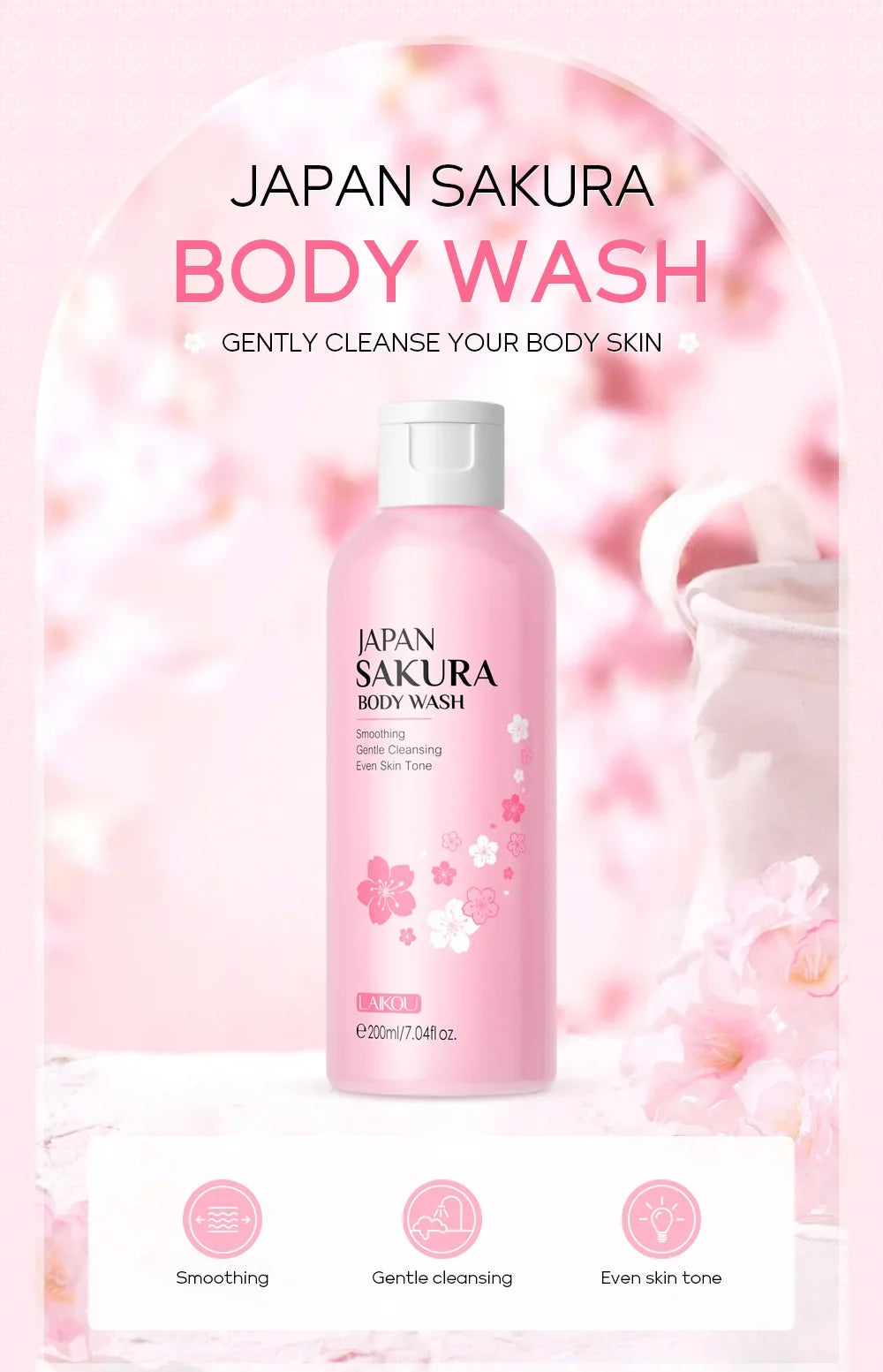 LAIKOU Sakura Shower Gel Long Moisturizing Smooth Long Lasting Fragrance Gentle Foam Body Cleansing Bath Product 200ml luvshop24