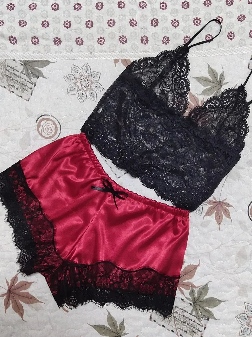 Lace Sleepwear Set for Women Sexy Transparent Sleeveless Tops Silk Shorts Pajamas Nightwear S-3XL Female Lingerie Sleep Wears luvshop24