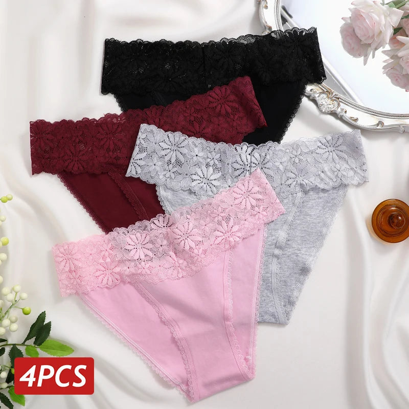 Lace Panties Women Cotton Briefs Female Comfortable Underwear 4PCS/Set Elstice Solid Color Panties Female Low Rise Sexy Lingerie luvshop24