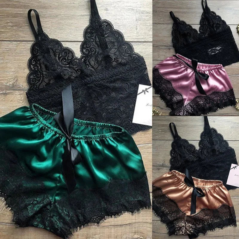 Lace Sleepwear Set for Women Sexy Transparent Sleeveless Tops Silk Shorts Pajamas Nightwear S-3XL Female Lingerie Sleep Wears luvshop24