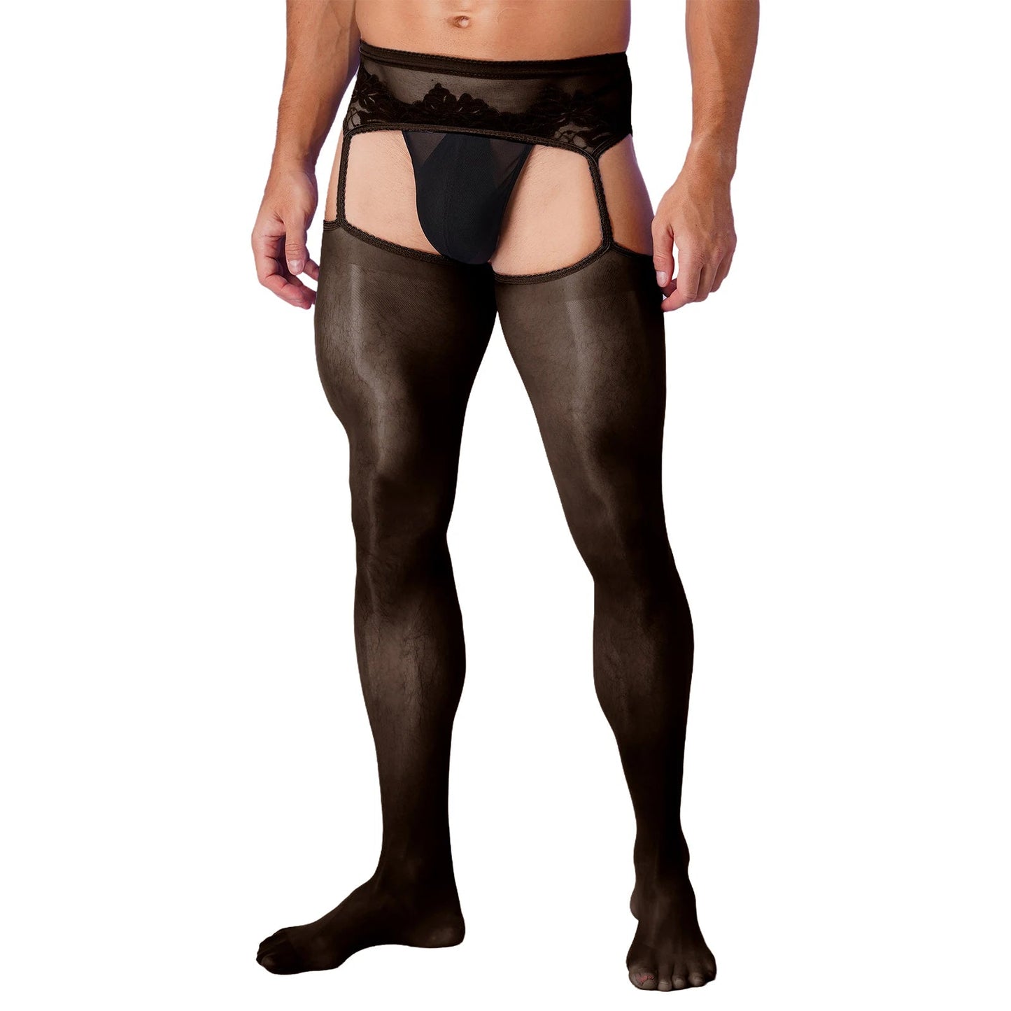 Mens Sexy Cutout Crotchless Pantyhose Floral Lace Exotic Socks Leggings One-Piece Garter Stockings Gay Male Sissy Underwear luvshop24