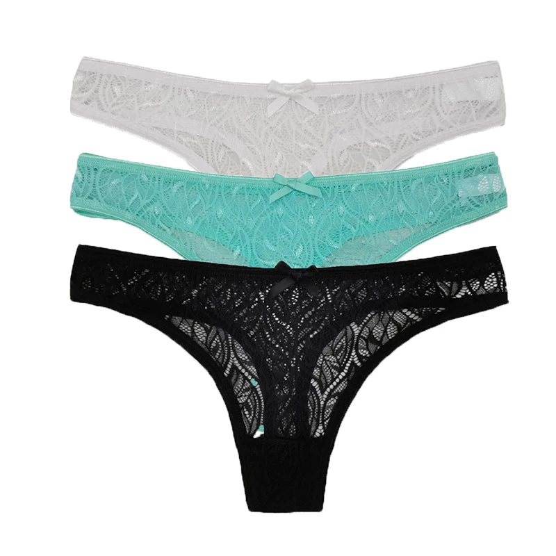3PCS Low Waist Sexy Lace Panties Hollow Out G-Strings Female Solid Color Thongs Underwear Women Sexy Underpants Intimates luvshop24